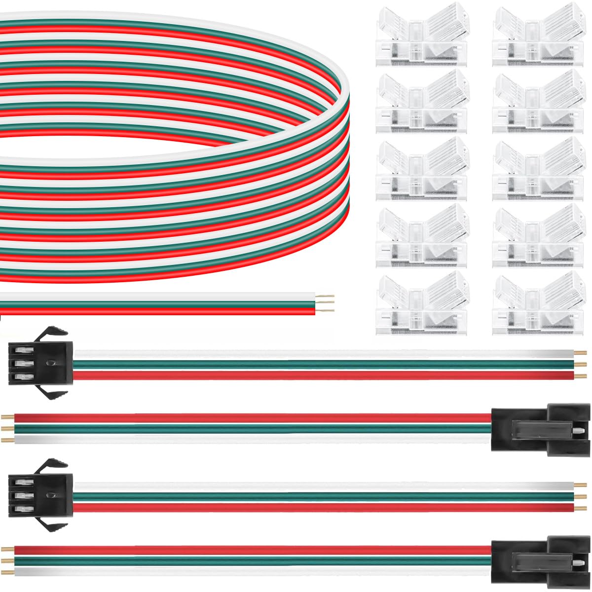 DAOKAI 3Pin LED Strip Connectors Solderless Transparent Track Lighting Connectors(10pcs) + 10mm Gapless Connector with Buckle(10pcs) + 3 Pin JST SM Male Female Plug Cable