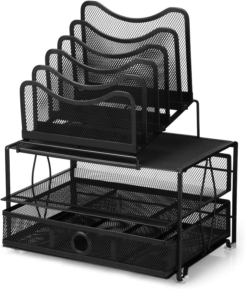 OAKOME Mesh Desk Tidy Organiser, 3-Tier Multi-Functional Detachable Office Desk Storage Including Book Rack, File Organisers, Stationary Holder for Desk/Office/School with Non-Slip Feet, Black