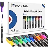 maxtek Magnetic Whiteboard Markers - 12 Count Colorful Fine Tip Dry Erase Markers with Eraser for Kids, Low Odor Thin Markers for Calendar Boards
