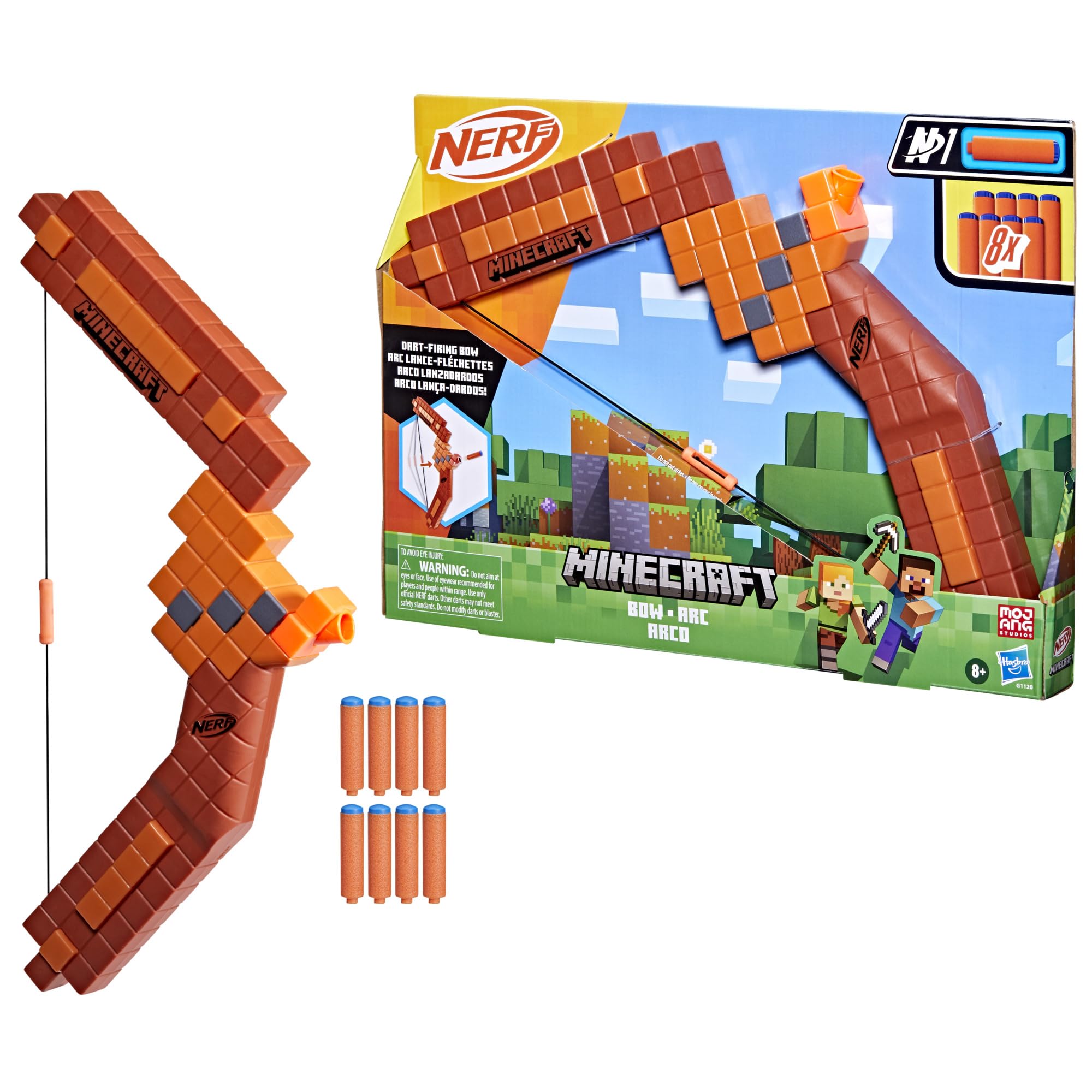 Nerf Minecraft Bow Dart Blaster, Pull-Back String Priming, 8 Nerf N1 Compatible Only with N1 Dart Blasters, Ages 8+