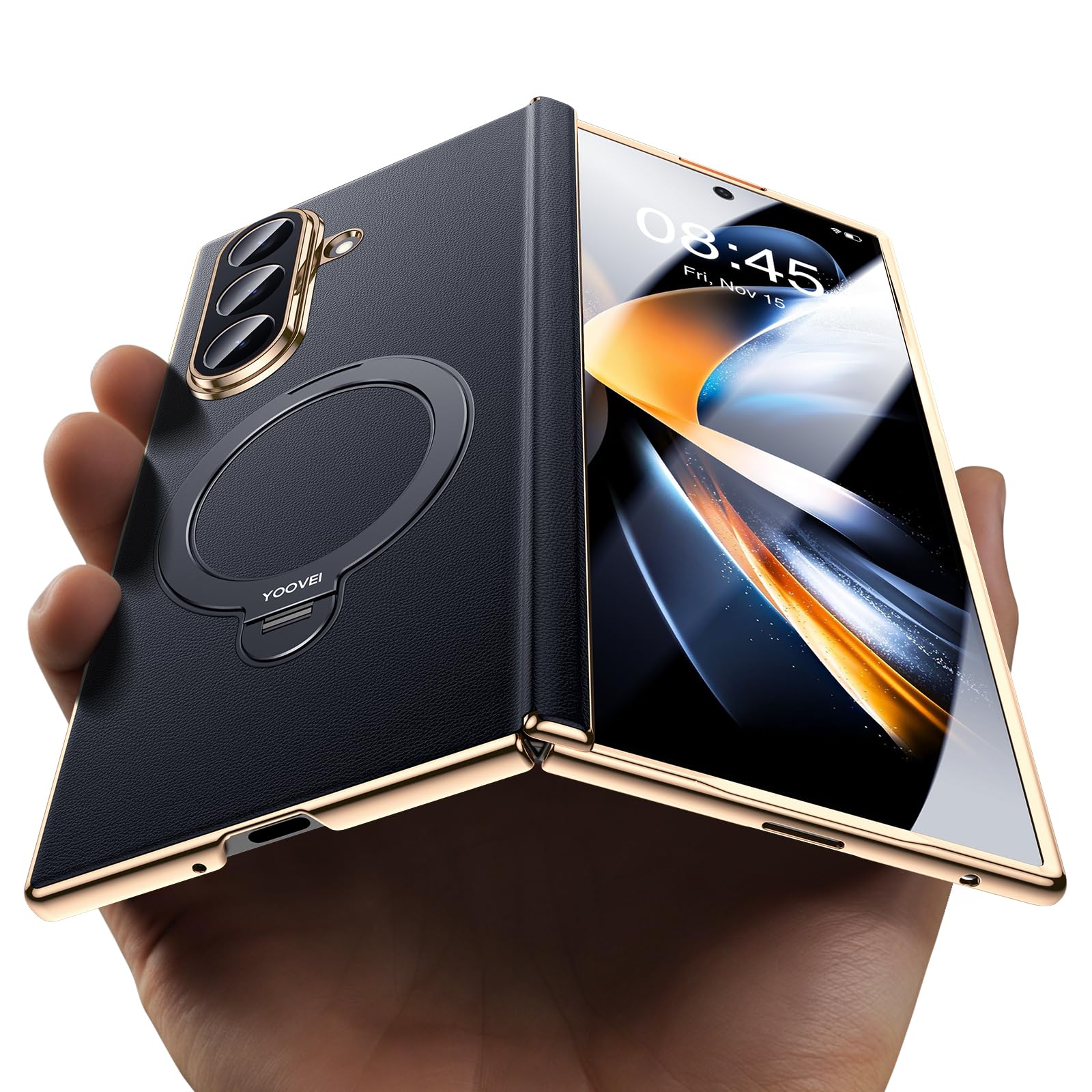 Photo 1 of YOOVEI Magnetic for Samsung Galaxy Z Fold 7 Case Luxury Leather [Hinge Protection] Built-in [Screen Protector] [Fit for MagSafe] Zfold 7 Case with Kickstand & Ring Holder Black