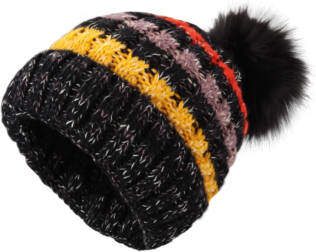 YOPINDO Knitted Hats Girls Ladies Beanie Hat Wool Winter Warm Outdoor Ski Snowboard Cycle Bobble Hemming Hats Cap Big Ball Pom Pom Knitted Hats for Women