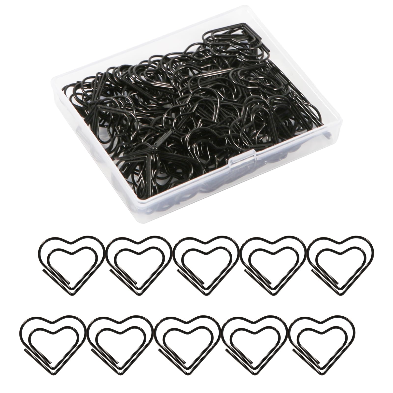 100pcs Mini Cute Love Heart Paper Clips - Stainless Steel Metal Small Bookmarks for Sorting, Organizing, Crafts, Papers, Kids, Office, School, Home Use (Black)