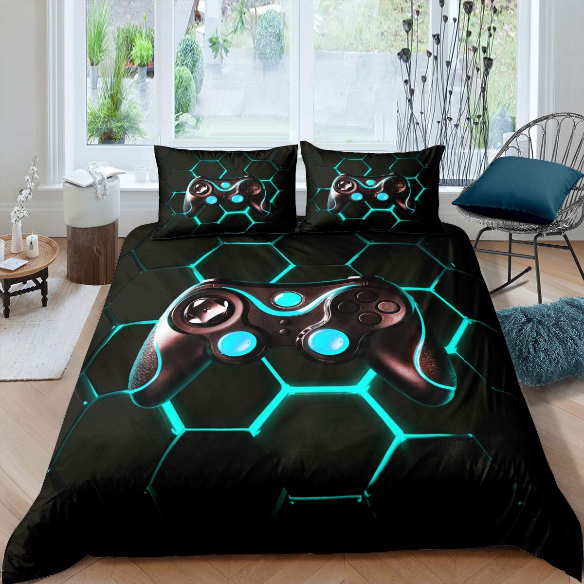 Homemissing Gamer Bedding Set Boys Teens Video Game Gaming Duvet Cover Set Geometric Honeycomb Hexagon Comforter Cover Kids Anime Game Controller Bedclothes Room Decor 3Pcs Double Size,Black,Blue