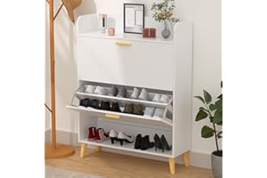 Garden 4 you Shoe Cabinet with 2 Flip Drawers, Freestanding Shoe Cabinet Organizer with Wooden Leg, Narrow Shoes Storage Cabinet for Entryway, Hallway, Living Room, Bedroom (White)