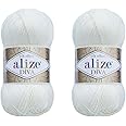 Alize Diva Yarn Hand Knitting Yarn 100% Microfiber Acrylic Yarn Alize Diva Silk Effect Thread Crochet Art Lace Craft Lot of 2 skeins 200gr 767 yds (1055-Sugar White)