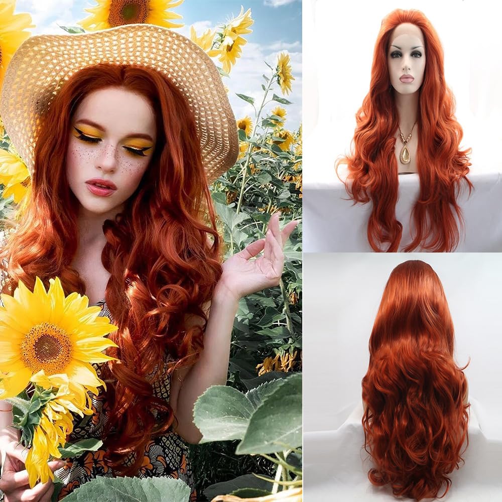 xiweiya Long Copper Red Synthetic Lace Front Wig Heat Resistant Body Wave Lace Front Wavy Wigs Free Part Natural Hair Wig for Women 24 Inch Fashion Glueless hair for Women Drag Red Brown Wigs 24Inch — image 1