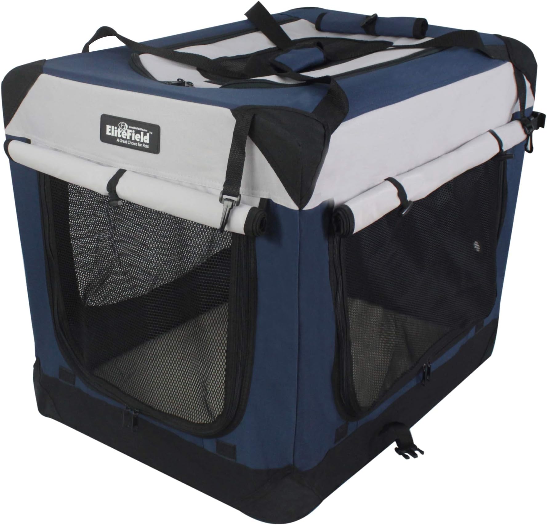EliteField 3-Door Folding Soft Dog Crate, Indoor & Outdoor Pet Home, Multiple Sizes and Colors Available (36" L x 24" W x 28" H, Navy Blue+Gray)