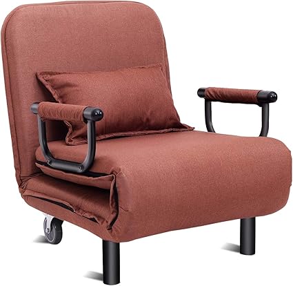 costway silla plegable sofa cama individual sillon con respaldo ajustable tumbona con colchon para oficina terraza jardin marron