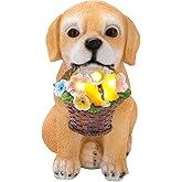 Elegondrar Solar Garden Dog Statue Outdoor Decor – Funny Golden Puppy Figurine with Butterfly & Flower Basket, Resin Yard Porch Patio Ornaments, Unique Christmas Birthday Gifts for Mom Grandma Women