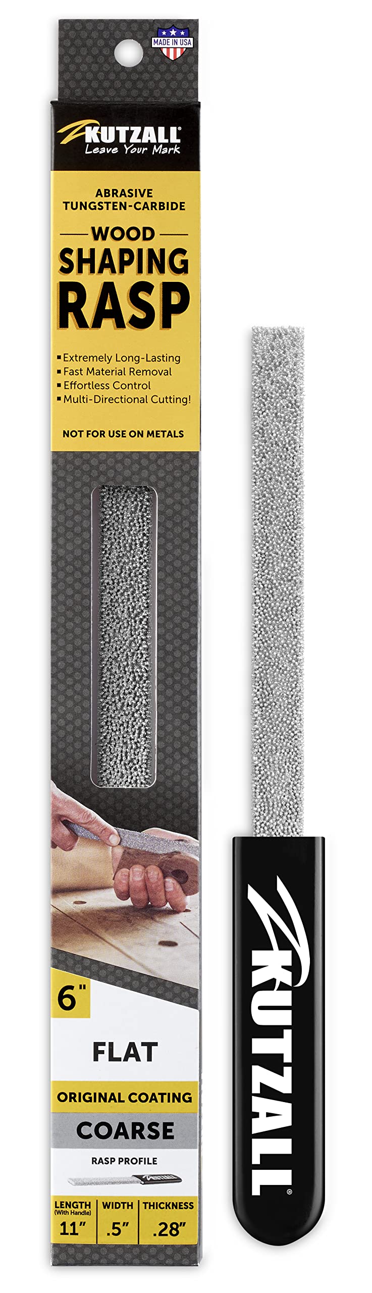 Kutzall Original 6" Flat Hand Rasp - Coarse, Wood Rasp/File used for Woodworking & Shaping, W/Ergonomic Soft Grip Handle, Abrasive Tungsten Carbide Coating - 11" (279.4mm) Overall Length - FT6330