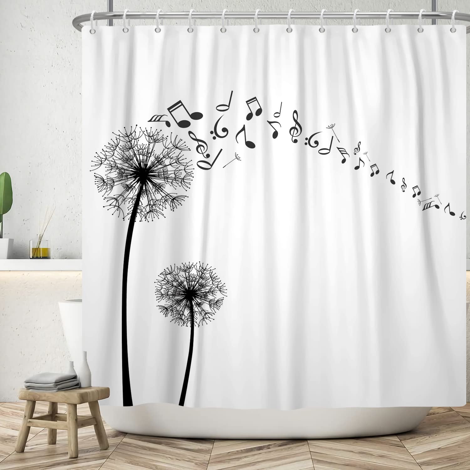 Ttincceer 60x72inch Simple Dandelion Shower Curtain Black White Plant Dandelion Waterproof Shower Curtain Set Musical Notes Minimalist Bath Curtain Washable Bathtub Curtain