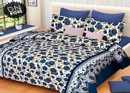 AVGoods Polycotton 3D Double Bed bedsheet King Size 6x6 Size Floral 140 TC with 2 Pillow Covers (Navy Blue and white)