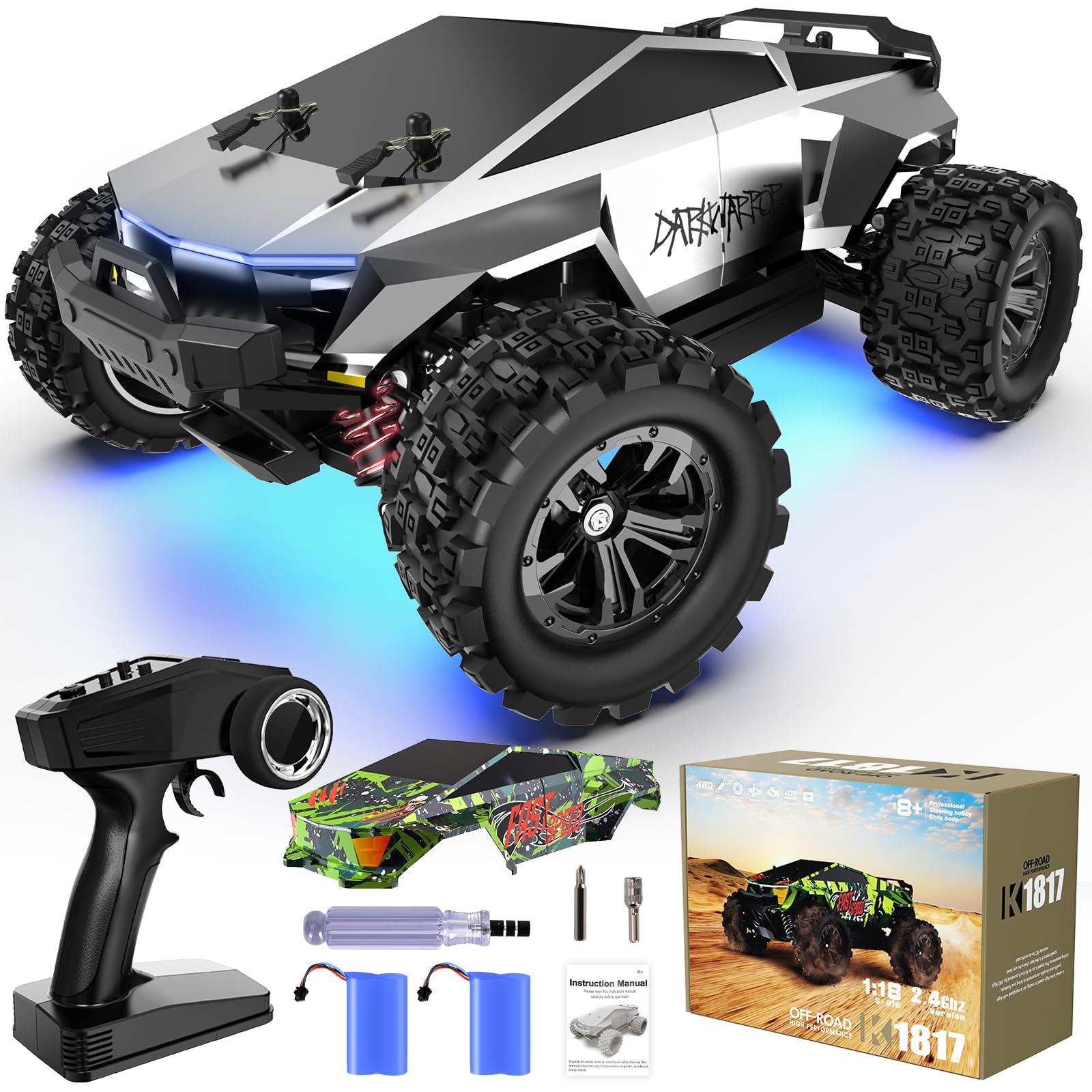 Photo 1 of 1:18 Scale All Terrain Fast RC Car, 40 KPH High Speed 4WD Electric Vehicle with 2.4 GHz Remote Control, 4X4 Waterproof Off-Road Monster Truck with Two Rechargeable Batteries 60 Min Runtime for Boys 8+