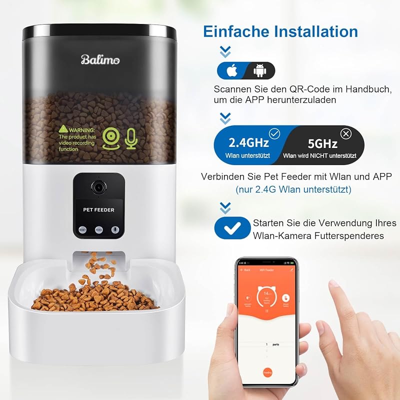Distributore Automatico Cibo Gatti con Telecamera 1080P, 2.4G WiFi Dispenser Crocchette Gatto, 4L Distributore Automatico Cibo Cani con APP Video Audio Visione, Da 1 a 8 pasti al giorno