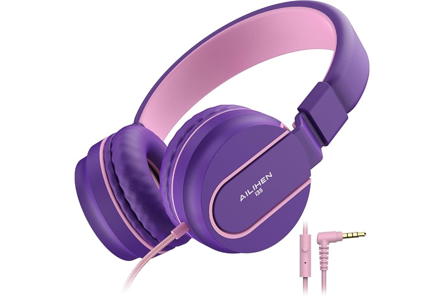 Kids Headphones for School with Microphone, 93dB Volume Limited, PinkPurple | Wired On Ear Headphones for Girls Boys, Foldabl
