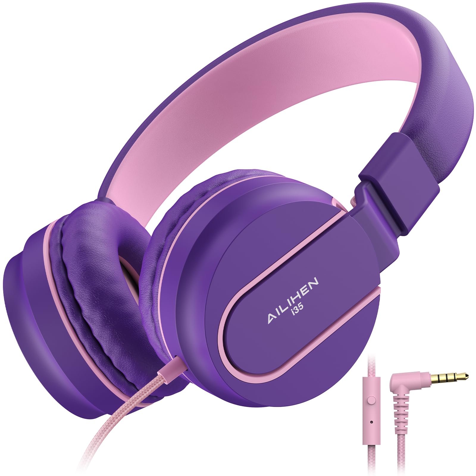 Photo 1 of Kids Headphones, Wired Headphones for Kids On Ear with Microphone, 93dB Volume Limiter Headphone for Girls Boys, Foldable Lightweight Headphone for School Learning & Entertainment, Pink Purple