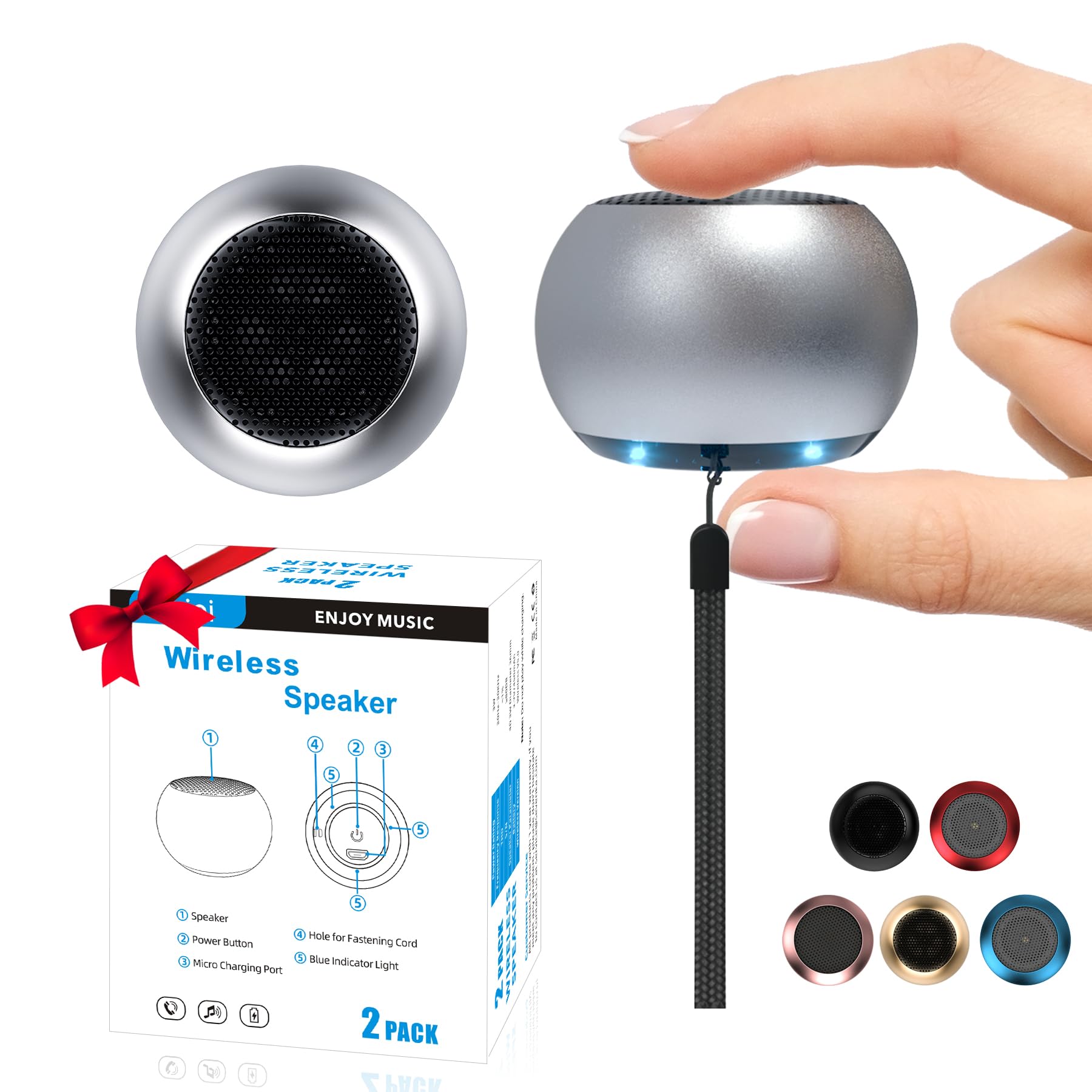 Photo 1 of AUKSKY 2Pack Portable Mini Bluetooth Speaker, Wireless PC/Tablet Speaker with Rechargeable Battery, Built-in Microphone and Strap, Silver