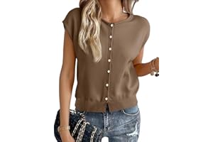 Cicy Bell Womens Cap Sleeve Sweater Round Neck Button Down Cardigan Trendy Casual Knit Tank Tops