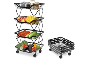 Folding Vegetable Fruit Basket Stand, 4 Tier Stackable Fruit Vegetable Storage Rack for Kitchen, Storage Basket with Wheels M