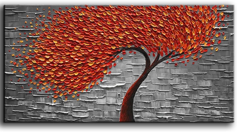 YaSheng Art - Modern Abstract Painting Red Tree 3D Oil Painting Hand Painted On Canvas Abstract Artwork picture Wall Art for living room office Decoration (20x40inch)