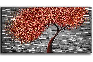 YaSheng Art - Modern Abstract Painting Red Tree 3D Oil Painting Hand Painted On Canvas Abstract Artwork picture Wall Art for living room office Decoration (20x40inch)