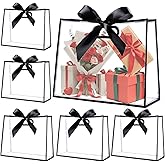 Gdotmely 12 Pcs Clear Plastic Gift Bags with Die Cut Handles,Reusable Party Favor Bags with Ribbons, Clear Gift Bag for Wedding Bridal Baby Shower Birthday Party Business, 12 x 10 x 5''(Black)