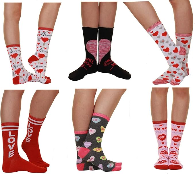 Valentine's Day Soft Crew Socks XOXO Kiss Hug Love Prints, Women's Size