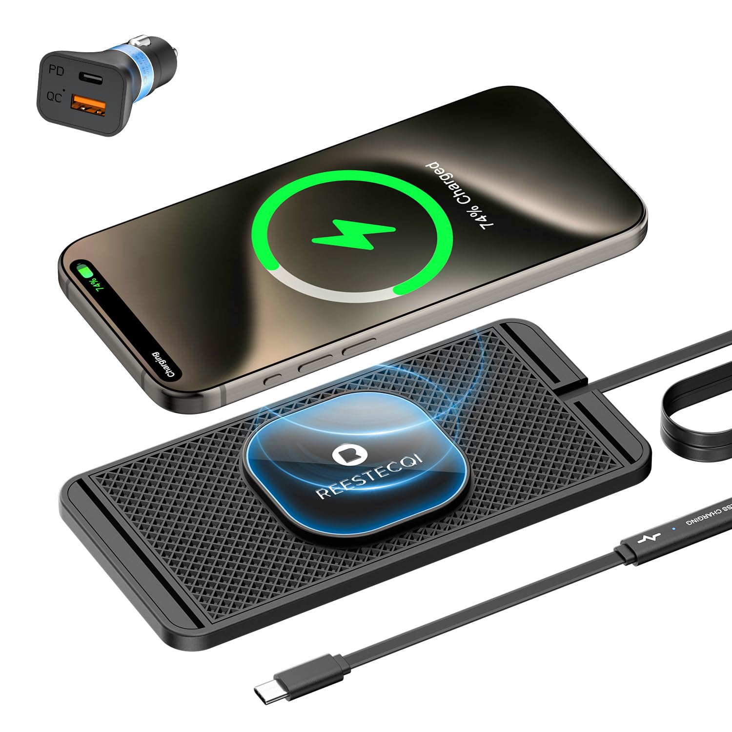 Magnetic Wireless Car Charger Pad, REESTECQI 15W Wireless Charging Pad for Magsafe Charger Wireless Charger for Car Non Slip Type C with 40W Car Charger for iPhone 17/16/15/14/13/12 (1M Cable)