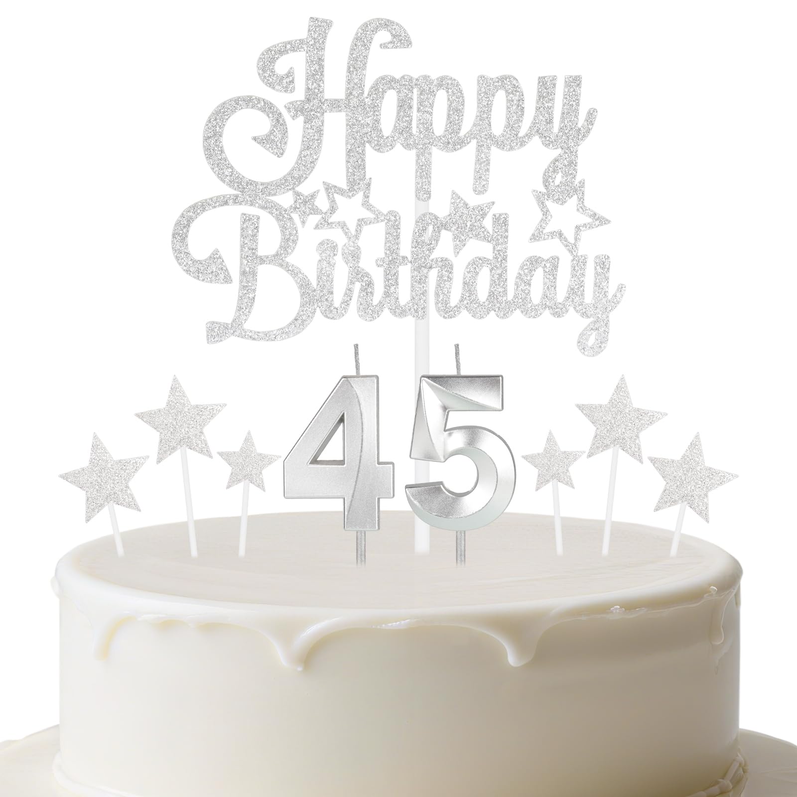 mciskin Silver Birthday Candles Set,Women Men 45th Birthday Decorations,Number 45 Candle for Cake,Silver Candles Cake Toppers with Star for Women Men Birthday Party Anniversary Decorations
