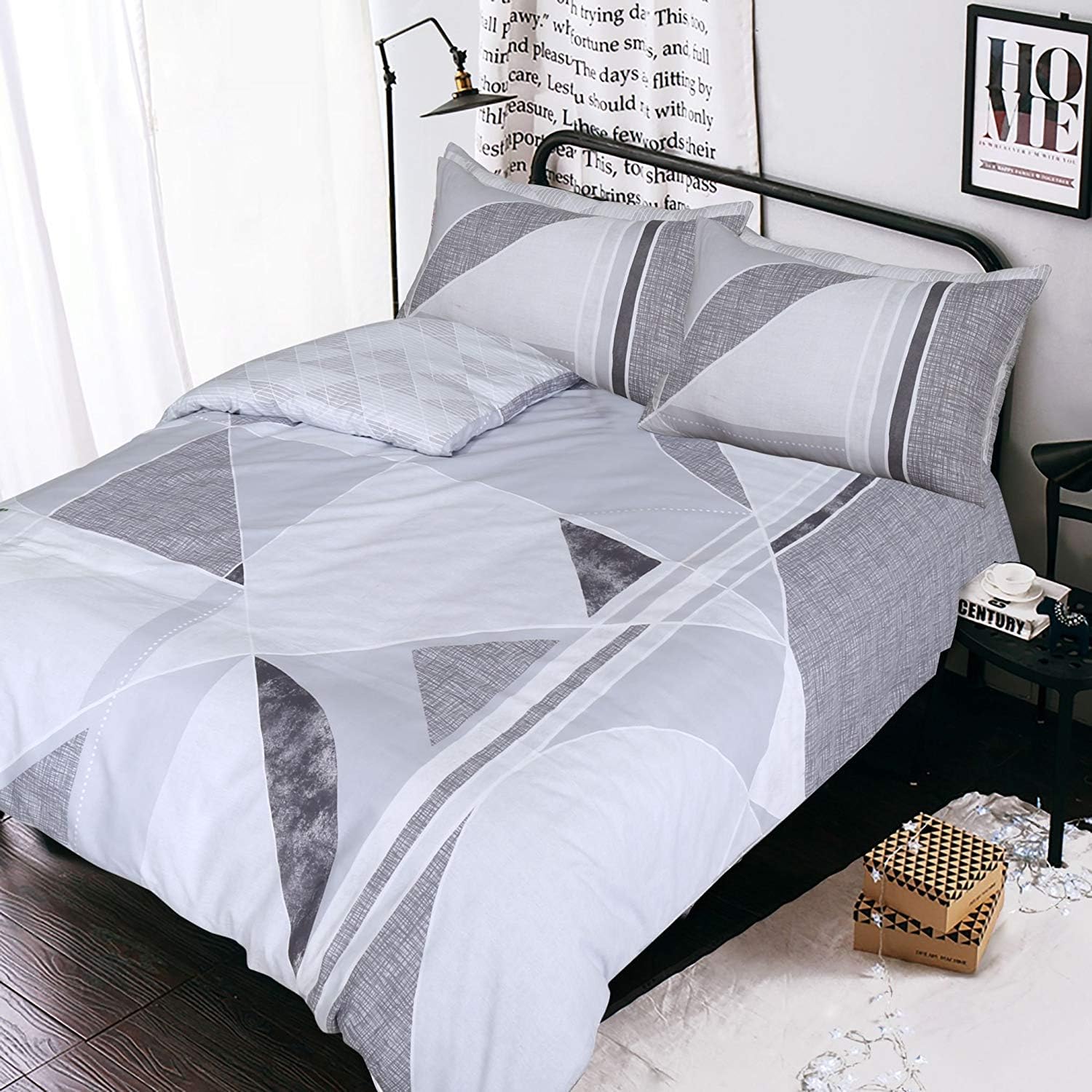 Sleepdown New Printed Linear Geometric Grey Duvet Quilt Cover Fully Trianglular Reversible