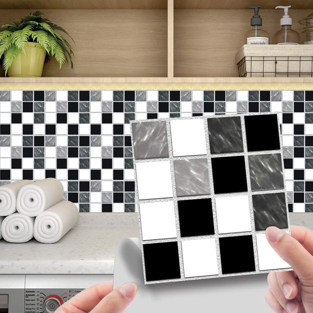 mzoLife 24pcs Wall Tile Stickers, 2D Transfer Cover, Peel and Stick Decals for Bathroom Kitchen Home Decor, Self-Adhesive (6 x 6in/15 x 15cm, Black and White)