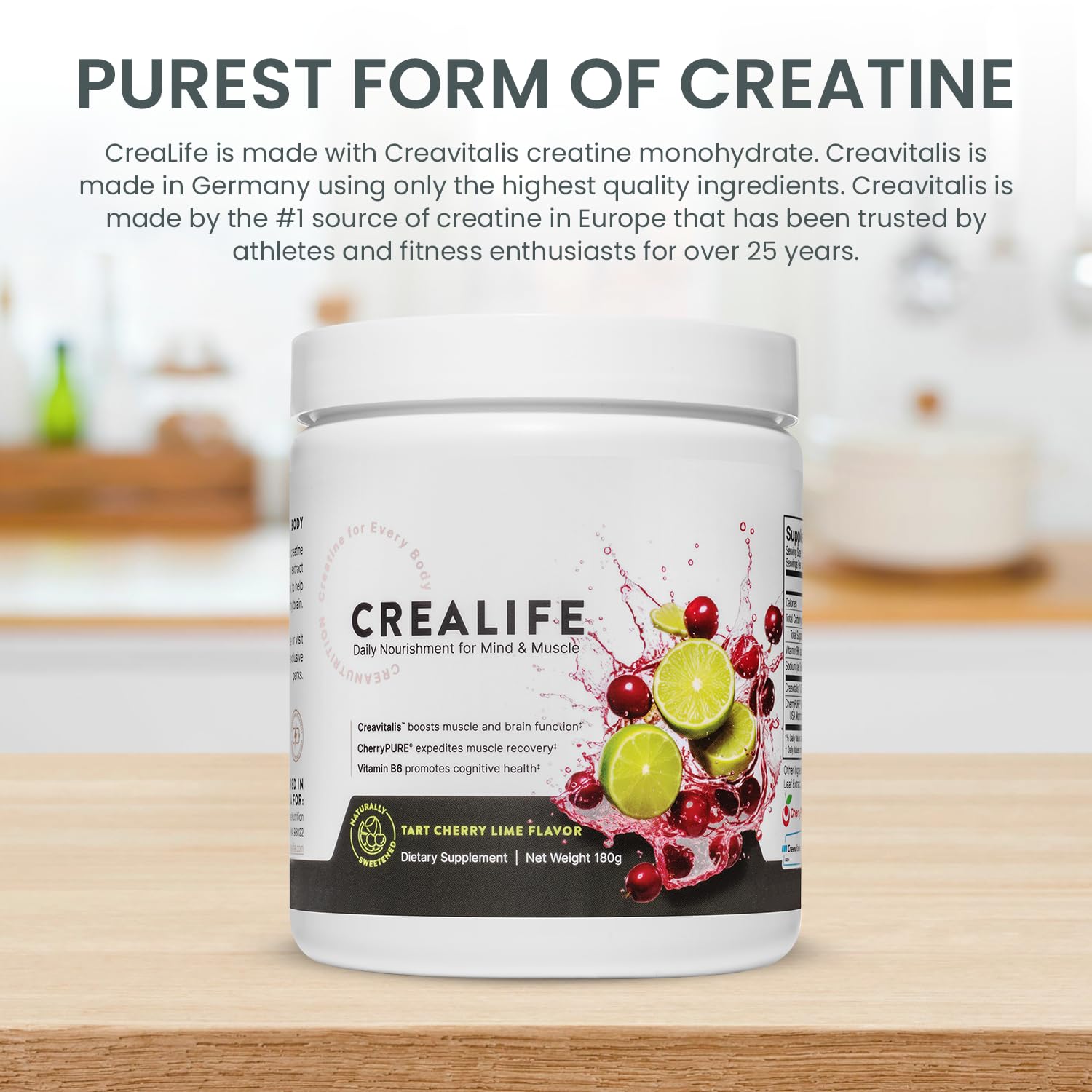German Micronized Creatine + USA Tart Cherry + Vitamin B6 - Pre and Post Workout Supplement for Women & Men, Tart Cherry Lime Flavor, Caffeine-Free Nourishment for Body and Brain