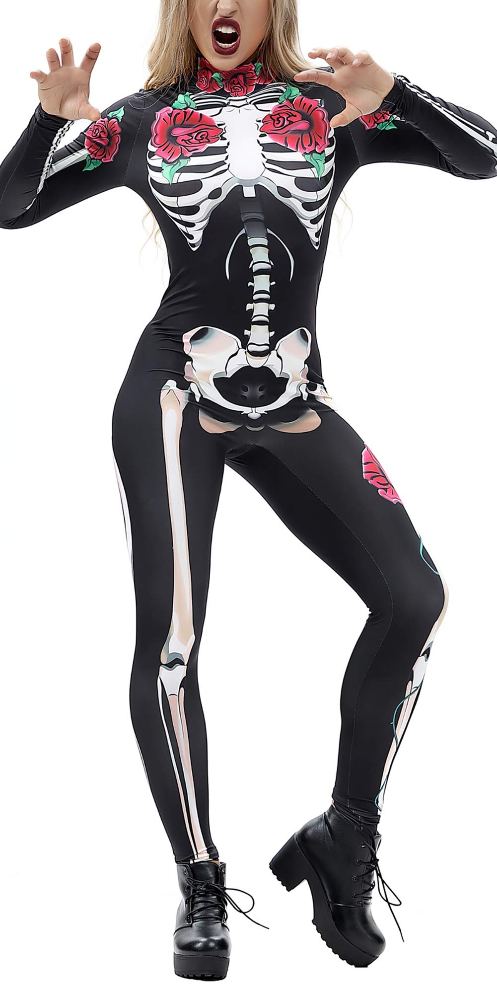 RAISEVERN3d Cool Costume Stampato Digitale Scheletro Outfit Costume Glow in The Dark Sexy Divertente Pelle Creativa Stretto Manica Lunga Halloween Body Stretch Elastico Tuta Body