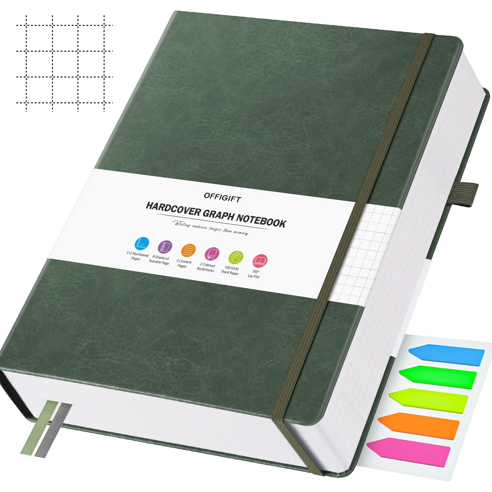 OFFIGIFT Squared Paper Notebook A5, 312 Numbered Pages Hardback Leather Journal, 100gsm No Bleed Grid Notebook with Index Pages, Graph Paper Notebook for Graphing Notes Math, 5.75" x 8.38", Green