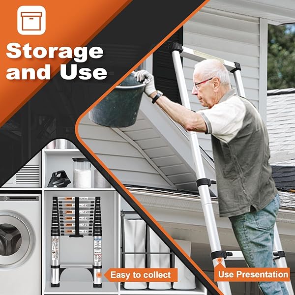 TELESCOPING LADDER, SOCTONE 12.5 FT ALUMINUM LIGHTWEIGHT EXTENSION LADDER WITH 2 TRIANGLE STABILIZERS, HEAVY DUTY 250LBS MAX CAPACITY, MULTI-PURPOSE COLLAPSIBLE LADDER FOR RV OR OUTDOOR WORK