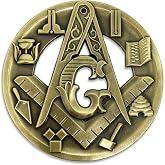 Symbolic Square &amp; Compass Round Masonic Auto Emblem - [Antique Brass][3'' Diameter]