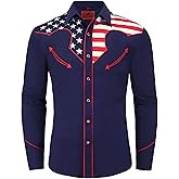 DIFICIL SLOG® Men’s American Flag Embroidered Snap Button Down Shirts Western Cowboy Patriotic Regular Fit Long Sleeve Shirt