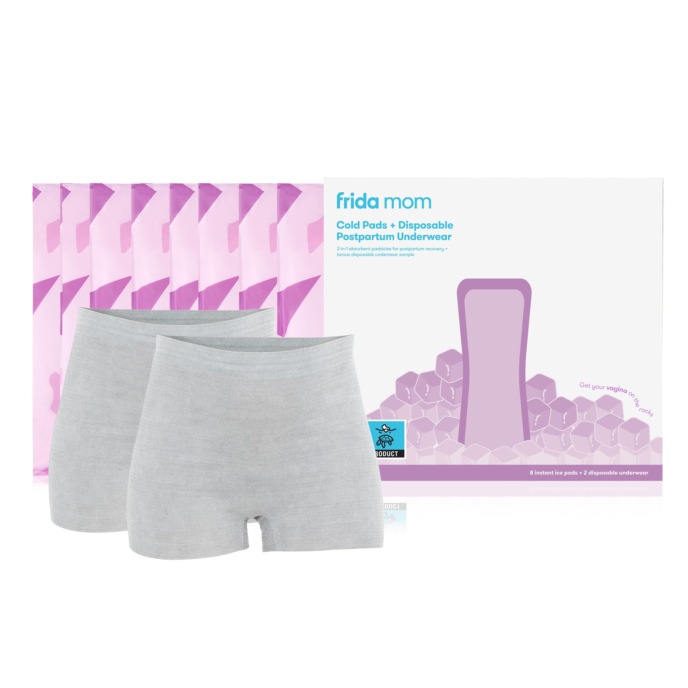 Frida Mom 2-in-1 Postpartum Pads + Disposable Knickers, Soothing Instant Cold Therapy Pack and Absorbent Maternity Pad in One + Ultra-Soft and Stretchy Boyshort Cut, Size Regular, 8 Pads + 2 Knickers