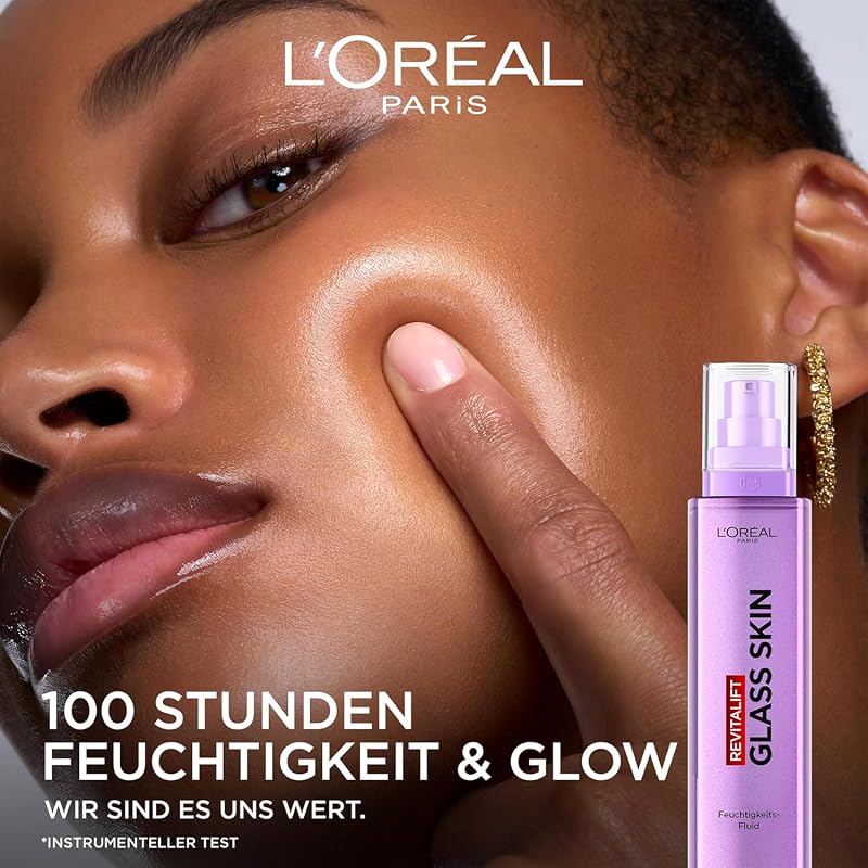 L'Oréal Paris Glass Skin Feuchtigkeits-Fluid, für aufgepolsterte & glowy Haut, mit Hyaluronsäure + 5% [Vitamin B3 + Pro B5 + C], Anti-Aging Gesichtsfluid, [Amazon Exclusive] Revitalift Filler, 70ml