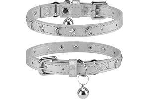 DILLYBUD Leather Cat Collars for Boy Girl Cats with Bell and Safety Elastic Belt, Personalized Star and Moon Stud Adjustable Safe Buckle Collar for Kitty Small Big Cats Size 7-9 Inch, Silver Grey