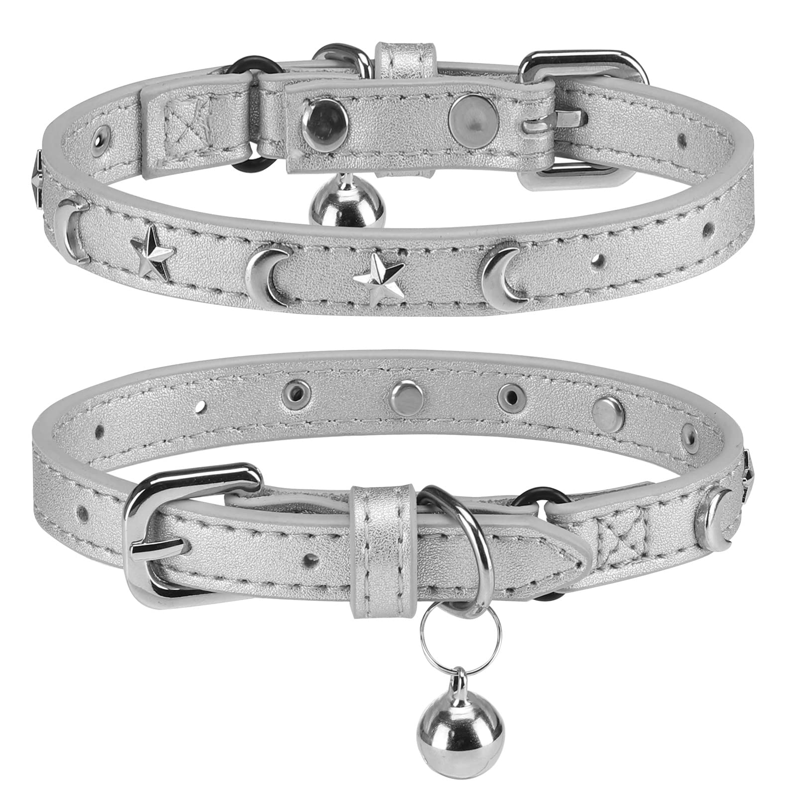 Leather Cat Collars for Boy Girl Cats with Bell and Safety Elastic Belt, Personalized Star and Moon Stud Adjustable Safe Buckle Collar for Kitty Small Big Cats Size 8-12 Inch, Silver Grey