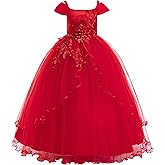 Weileenice Vintage Off The Shoulder Flower Girl Dress Lace Embroidery Little/Big Girls Wedding Bridesmaid Holiday Ballgown