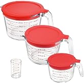 KOMUEE 4 Pieces Glass Measuring Cups Set | 5 Oz, 1-Cup, 2-Cup, 4-Cup Liquid Measuring Cups with Lids for Kitchen, Freezer and