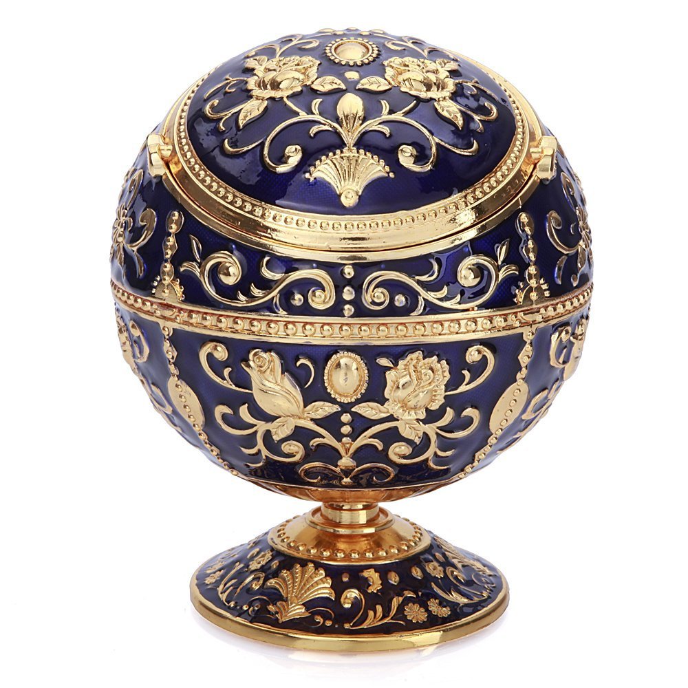 Malayas Vintage Windproof Cigar Ashtray with Lids Metal Portable Cigarette Ashtray and Odor Eliminator for Outdoors and Indoors Use, Hand Stamped Pattern Nice Gift for Men and Women (Navy Blue)