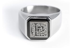 Tioneer Jewelry | Stainless Steel Letter Alphabet Initial Ring | Square Flat Top Ring for Men & Women | Stainless Steel Jewelry, (Black, Gold, Silver), Size 7-16