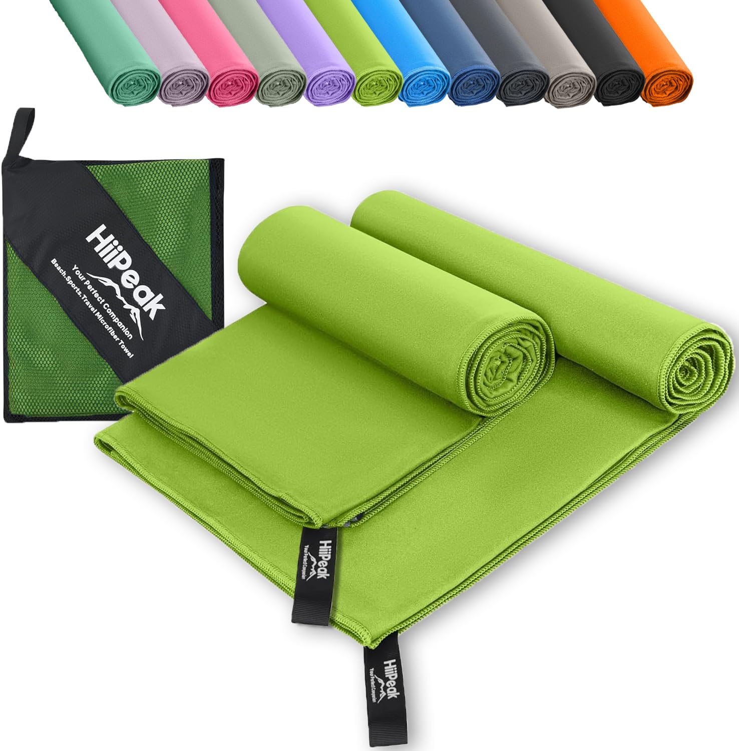 HiiPeak Microfibre Towel Compact Camping Beach Towel - Quick Dry Lightweight Absorbent Sports Gym Swimming Hiking Drying Towel for Men,Women (Green-2pack, 160cm x 80cm + 80cm x 40cm)