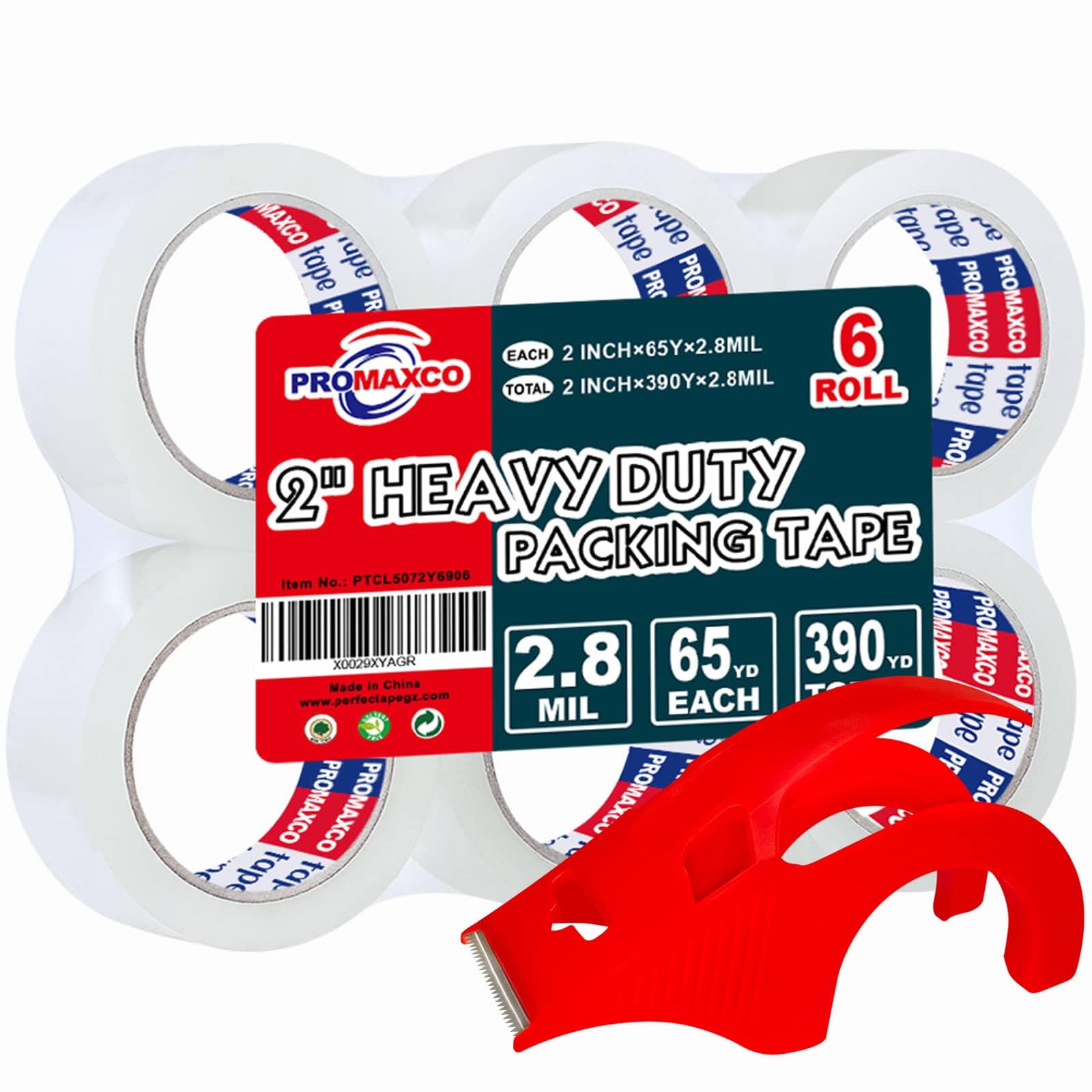 PROMAXCO Heavy Duty Packing Tape with Dispenser, 1.88 inch x 65Y, 6 Rolls