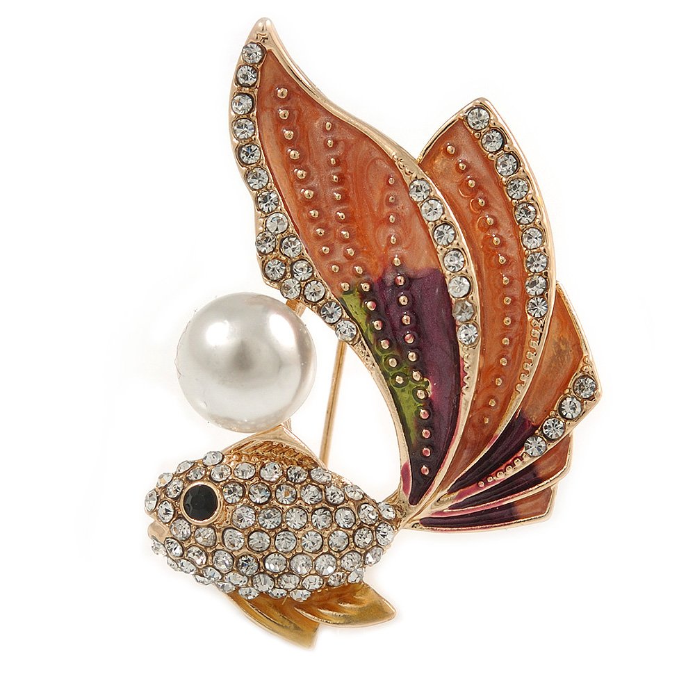 Clear Crystal Coral Enamel Gold-Fish Brooch/Pendant with Pearl Bead - 45mm Tall