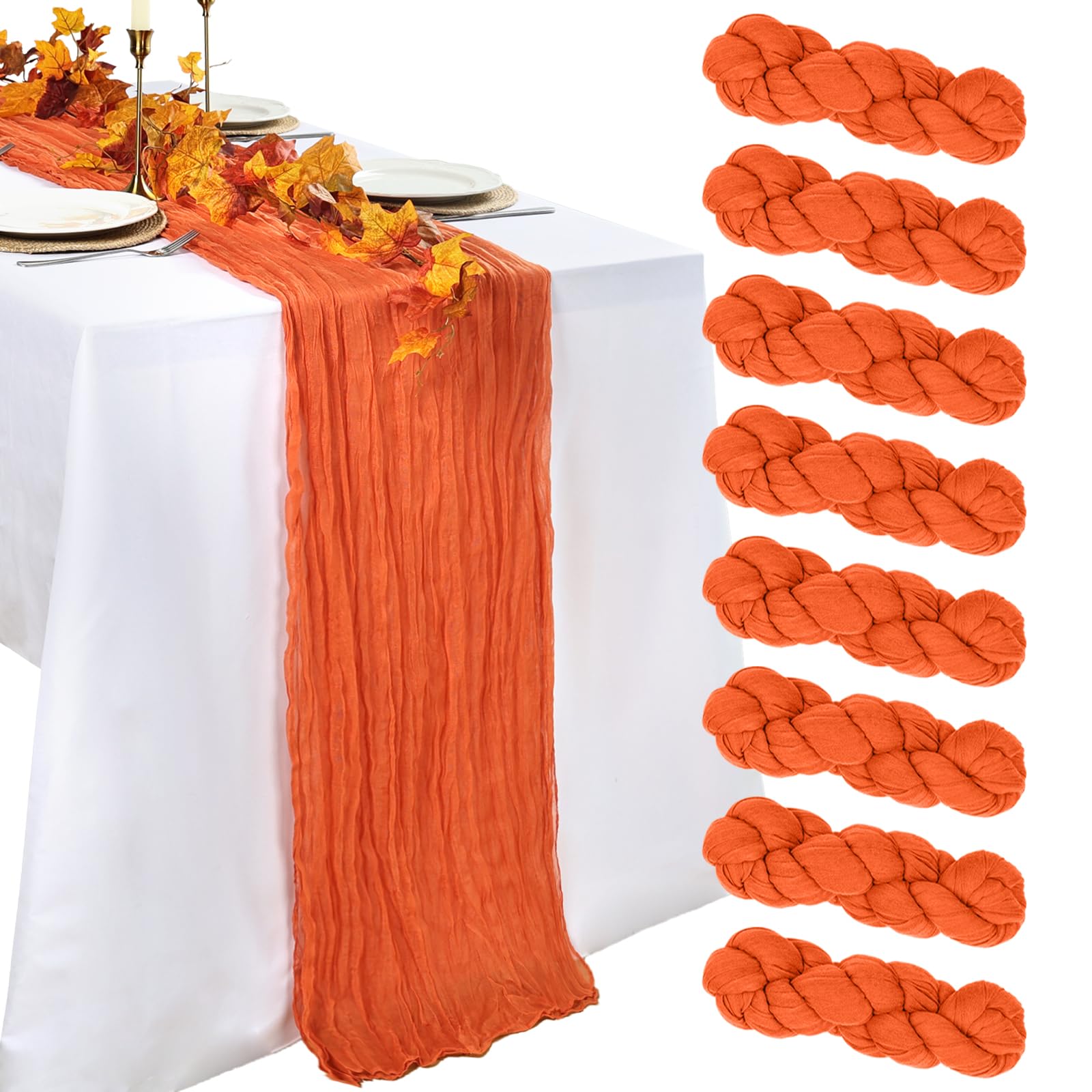 Photo 1 of pepmily 8 Pack Orange Cheesecloth Fall Table Runner 10ft Boho Gauze Fabric 120 Inch Cheese Cloth Table Runner Rustic Sheer for Romantic Wedding Decor Bridal Shower Party Table Centerpiece Decoration